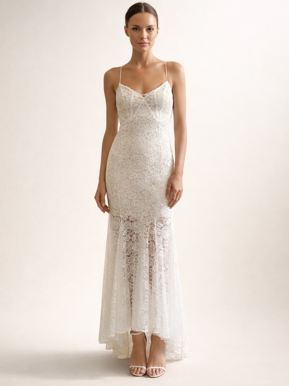 White Lace Mermaid Maxi Dress Bridal Beach Wedding Boho Spaghetti Strap Gown XS